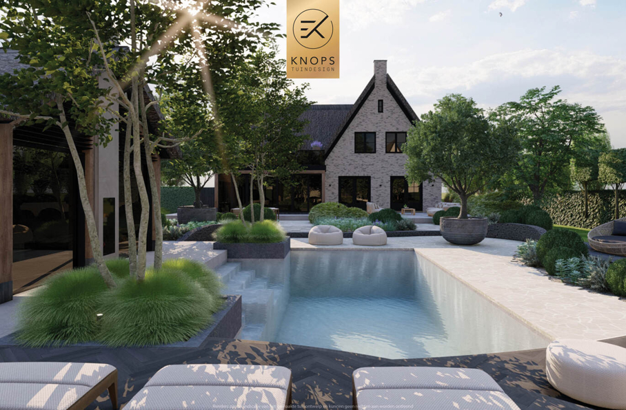 luxe tuinontwerp mediterrane tuin modern tuinontwerp exclusief tuinontwerp tuin met zwembad flagstones vlonder zitkuil luxe buitenkeuken