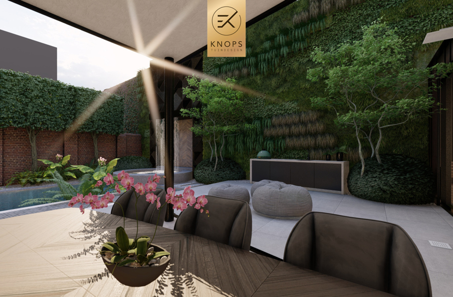 luxe stadstuin zwembad waterval jacuzzi wellnesstuin tuinontwerp exclusieve tuin in de de stad moderne tuin strak ontwerp