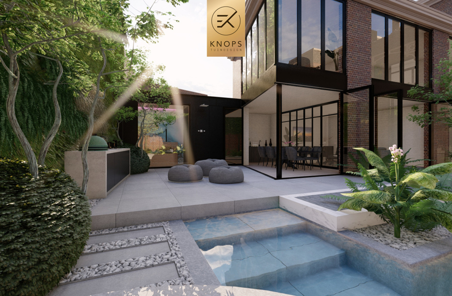 luxe stadstuin zwembad waterval jacuzzi wellnesstuin tuinontwerp exclusieve tuin in de de stad moderne tuin strak ontwerp