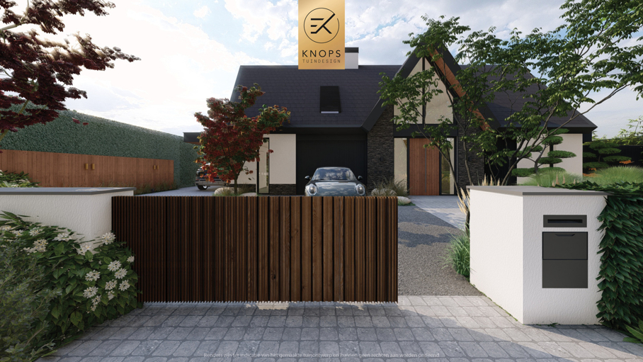 Modern tuinontwerp, japanse tuin, japanse esdoorn, nieuwbouwvilla, villatuin met zwembad, poolhouse, buitenhaard