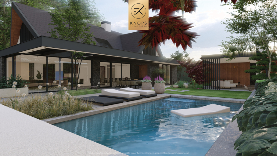 Modern tuinontwerp, japanse tuin, japanse esdoorn, nieuwbouwvilla, villatuin met zwembad, poolhouse, buitenhaard