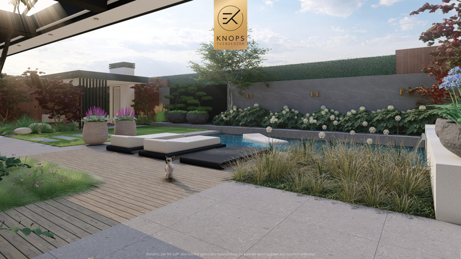 Modern tuinontwerp, japanse tuin, japanse esdoorn, nieuwbouwvilla, villatuin met zwembad, poolhouse, buitenhaard