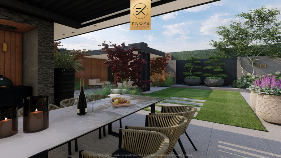 Modern tuinontwerp, japanse tuin, japanse esdoorn, nieuwbouwvilla, villatuin met zwembad, poolhouse, buitenhaard