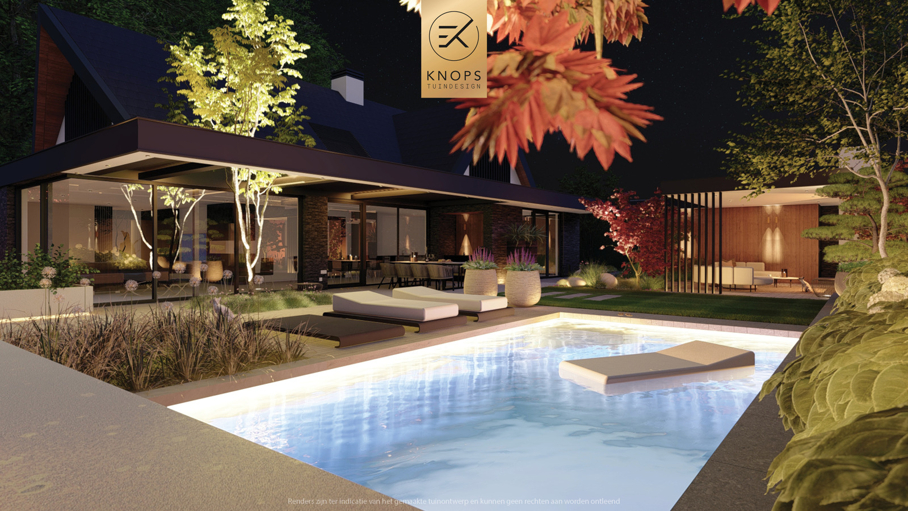 Modern tuinontwerp, japanse tuin, japanse esdoorn, nieuwbouwvilla, villatuin met zwembad, poolhouse, buitenhaard
