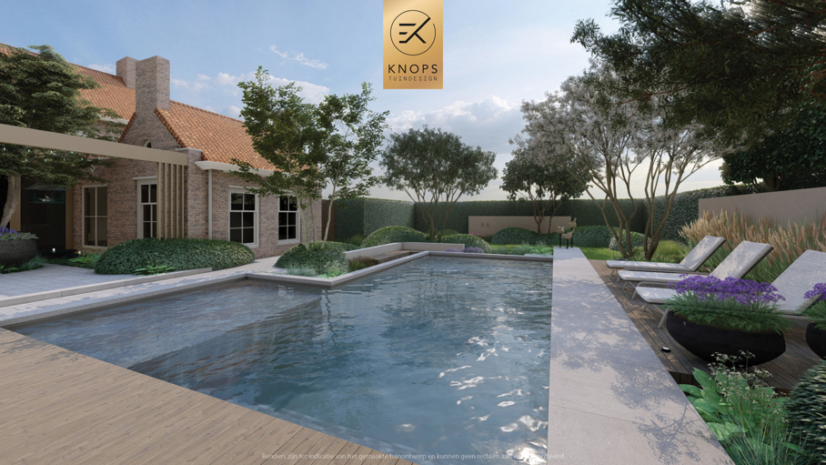 moderne villatuin met zwembad, luxe tuin, strak tuinontwerp, italiaanse tuin, mediterrane tuin, buitenkeuken, pergola, zonnebedden