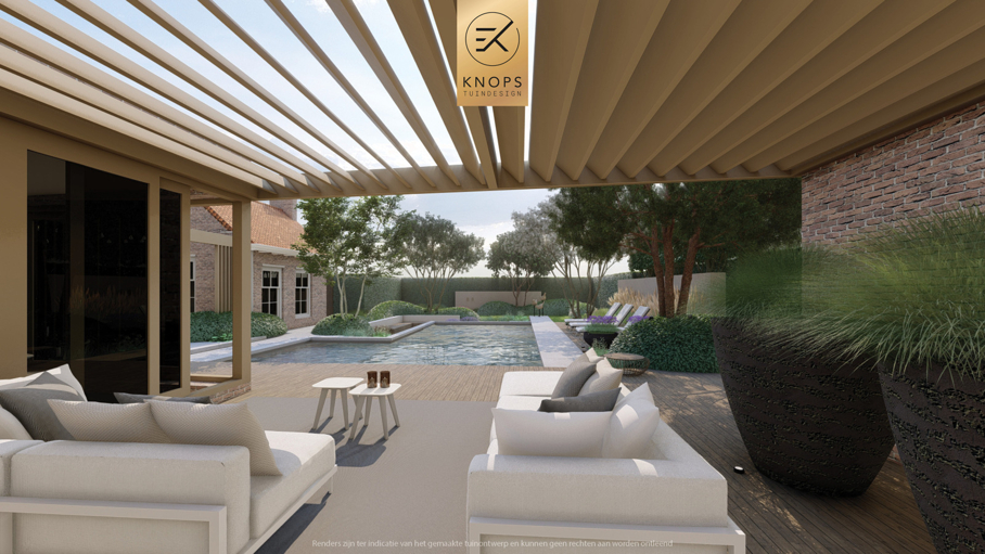 moderne villatuin met zwembad, luxe tuin, strak tuinontwerp, italiaanse tuin, mediterrane tuin, buitenkeuken, pergola, zonnebedden