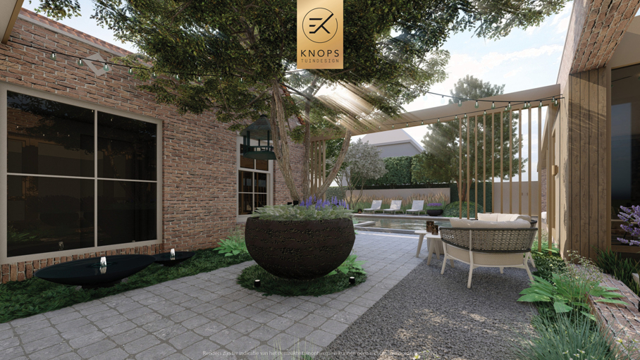 moderne villatuin met zwembad, luxe tuin, strak tuinontwerp, italiaanse tuin, mediterrane tuin, buitenkeuken, pergola, zonnebedden