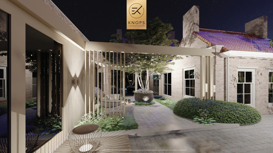 moderne villatuin met zwembad, luxe tuin, strak tuinontwerp, italiaanse tuin, mediterrane tuin, buitenkeuken, pergola, zonnebedden