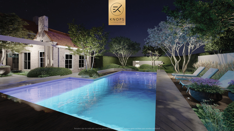 moderne villatuin met zwembad, luxe tuin, strak tuinontwerp, italiaanse tuin, mediterrane tuin, buitenkeuken, pergola, zonnebedden
