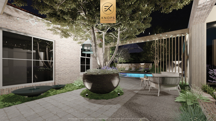 moderne villatuin met zwembad, luxe tuin, strak tuinontwerp, italiaanse tuin, mediterrane tuin, buitenkeuken, pergola, zonnebedden