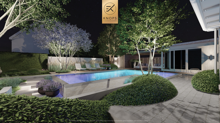 moderne villatuin met zwembad, luxe tuin, strak tuinontwerp, italiaanse tuin, mediterrane tuin, buitenkeuken, pergola, zonnebedden