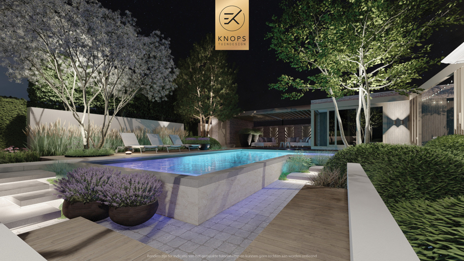 moderne villatuin met zwembad, luxe tuin, strak tuinontwerp, italiaanse tuin, mediterrane tuin, buitenkeuken, pergola, zonnebedden