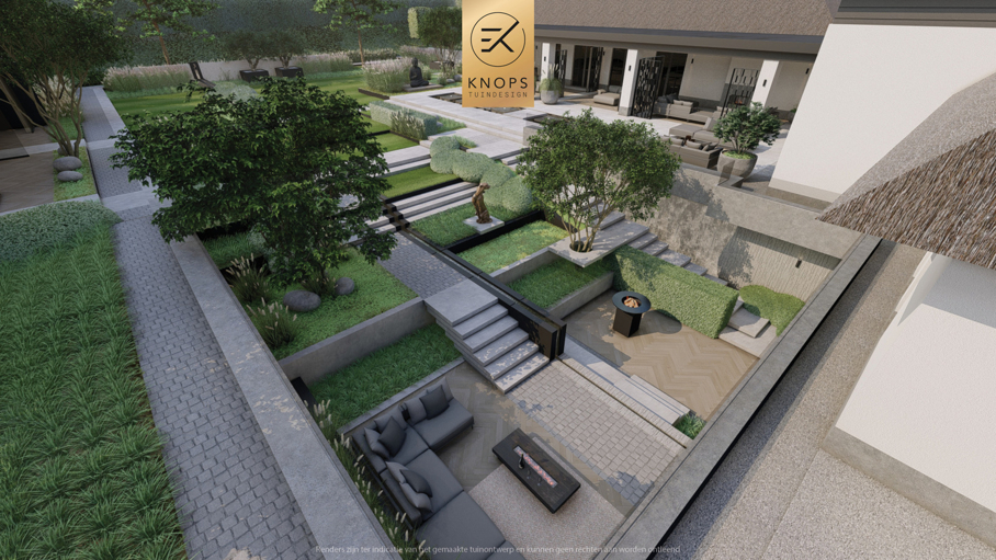 Moderne rustige tuin, tuin met kuil, keldertuin, kalm tuinontwerp, clean garden design, minimalistische tuin, luxe overkapping, poolhouse, strak tuinontwerp, exclusieve tuin