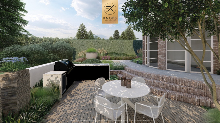 exclusief tuinontwerp, moderne tuin met groene sfeer, luxe tuin, moderne tuin, tuin met zwembad, buitenkeuken