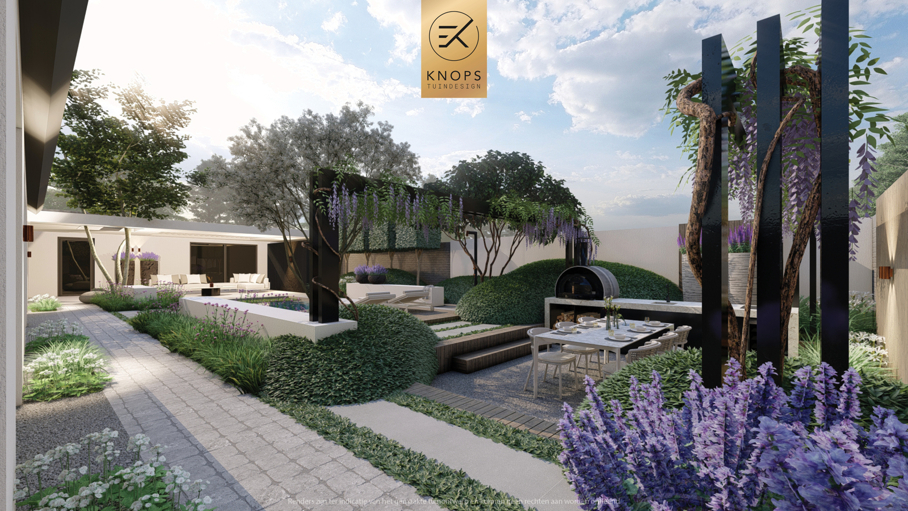 moderne villatuin met zwembad, luxe tuin, strak tuinontwerp, italiaanse tuin, mediterrane tuin, pizzaoven, buitenkeuken, pergola met blauwe regen, zonnebedden