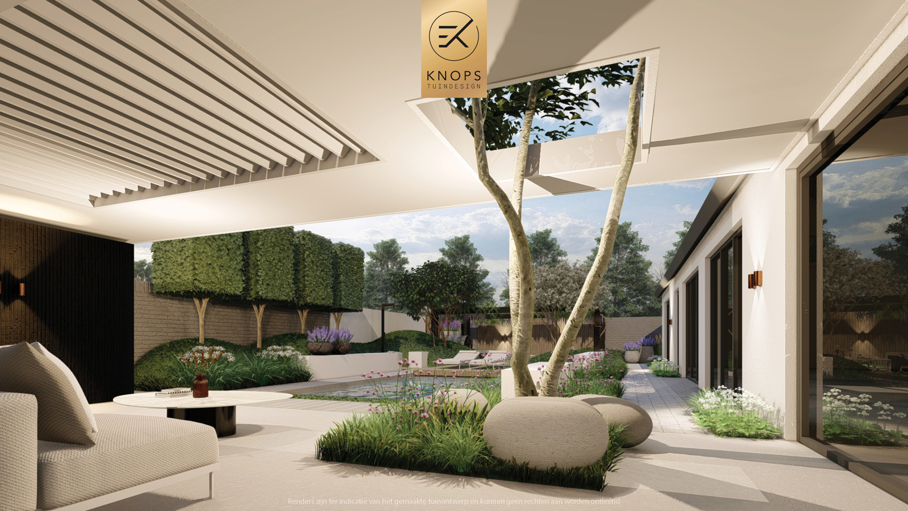 moderne villatuin met zwembad, luxe tuin, strak tuinontwerp, italiaanse tuin, mediterrane tuin, pizzaoven, buitenkeuken, pergola met blauwe regen, zonnebedden