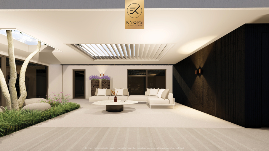 moderne villatuin met zwembad, luxe tuin, strak tuinontwerp, italiaanse tuin, mediterrane tuin, pizzaoven, buitenkeuken, pergola met blauwe regen, zonnebedden