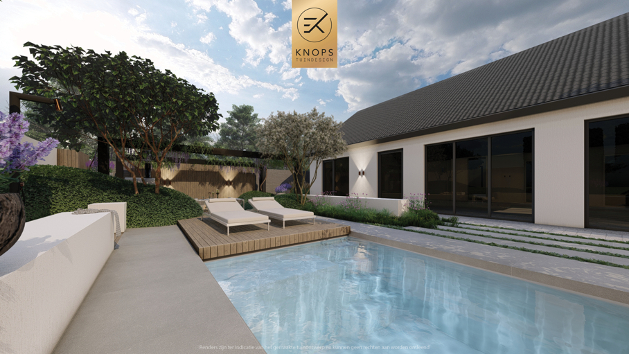 moderne villatuin met zwembad, luxe tuin, strak tuinontwerp, italiaanse tuin, mediterrane tuin, pizzaoven, buitenkeuken, pergola met blauwe regen, zonnebedden