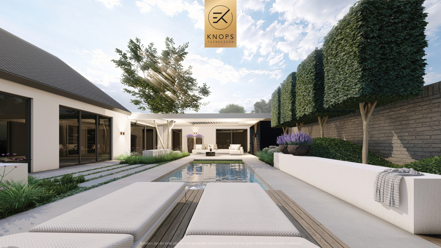 moderne villatuin met zwembad, luxe tuin, strak tuinontwerp, italiaanse tuin, mediterrane tuin, pizzaoven, buitenkeuken, pergola met blauwe regen, zonnebedden