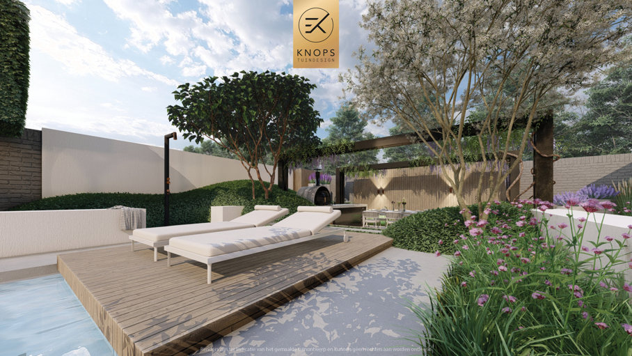 moderne villatuin met zwembad, luxe tuin, strak tuinontwerp, italiaanse tuin, mediterrane tuin, pizzaoven, buitenkeuken, pergola met blauwe regen, zonnebedden