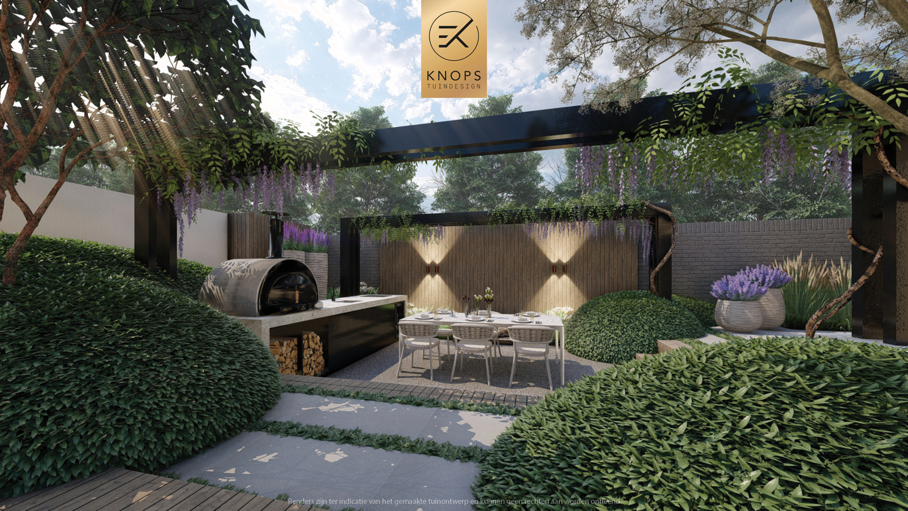 moderne villatuin met zwembad, luxe tuin, strak tuinontwerp, italiaanse tuin, mediterrane tuin, pizzaoven, buitenkeuken, pergola met blauwe regen, zonnebedden