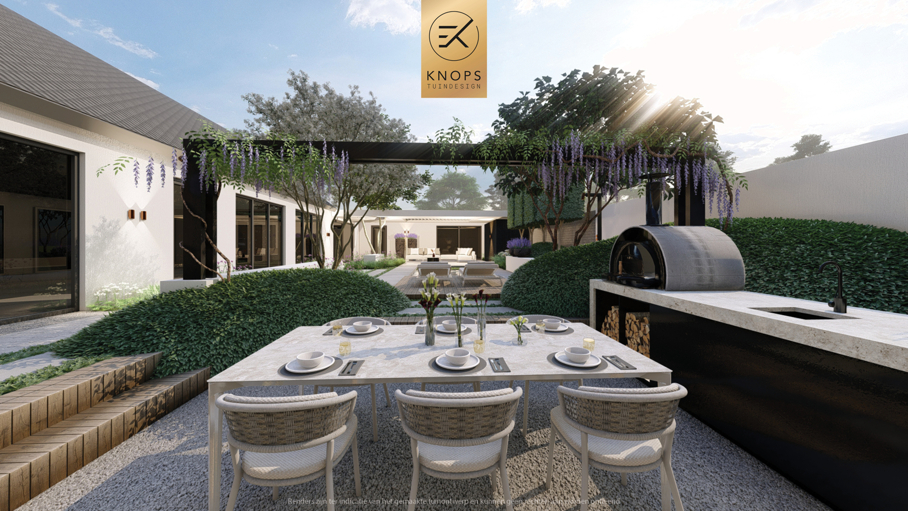 moderne villatuin met zwembad, luxe tuin, strak tuinontwerp, italiaanse tuin, mediterrane tuin, pizzaoven, buitenkeuken, pergola met blauwe regen, zonnebedden