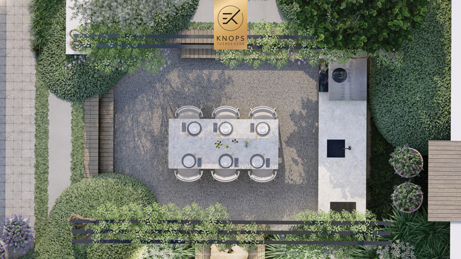 moderne villatuin met zwembad, luxe tuin, strak tuinontwerp, italiaanse tuin, mediterrane tuin, pizzaoven, buitenkeuken, pergola met blauwe regen, zonnebedden