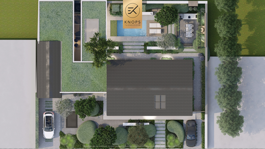 moderne villatuin met zwembad, luxe tuin, strak tuinontwerp, italiaanse tuin, mediterrane tuin, pizzaoven, buitenkeuken, pergola met blauwe regen, zonnebedden