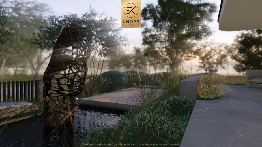 Unieke architectuur met ronde vormen, organische tuin, tuin met zwembad, houten roldek, zitkuil met vuur, oprit, groene tuin