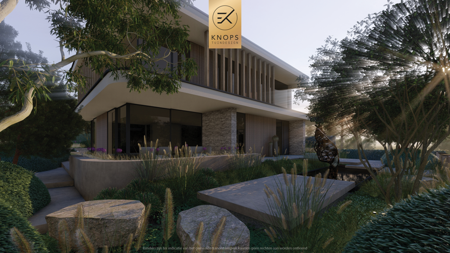 Unieke architectuur met ronde vormen, organische tuin, tuin met zwembad, houten roldek, zitkuil met vuur, oprit, groene tuin