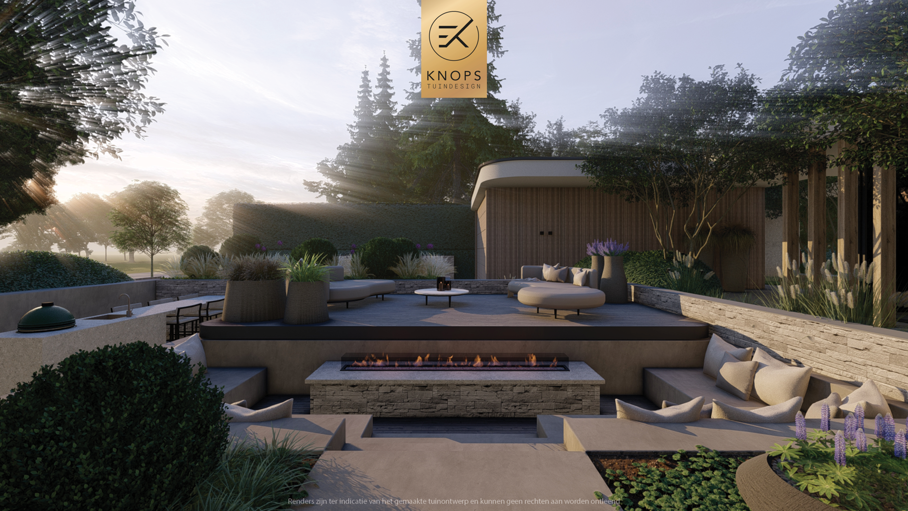 Unieke architectuur met ronde vormen, organische tuin, tuin met zwembad, houten roldek, zitkuil met vuur, oprit, groene tuin