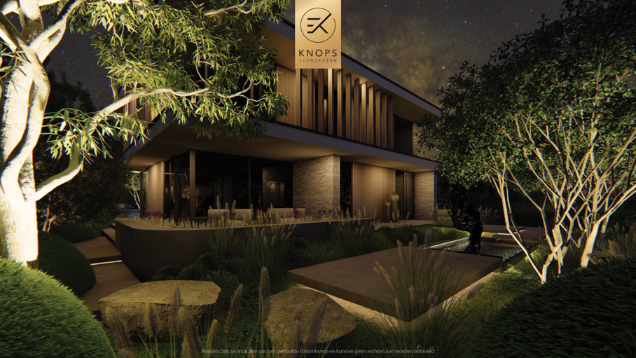 Unieke architectuur met ronde vormen, organische tuin, tuin met zwembad, houten roldek, zitkuil met vuur, oprit, groene tuin