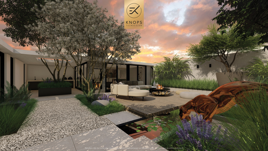 moderne tuin met veel groen, groene achtertuin, tuin met kantoor, bijgebouw, tuinachitectuur, gezellige tuin, jacuzzi, hoogteverschillen tuin