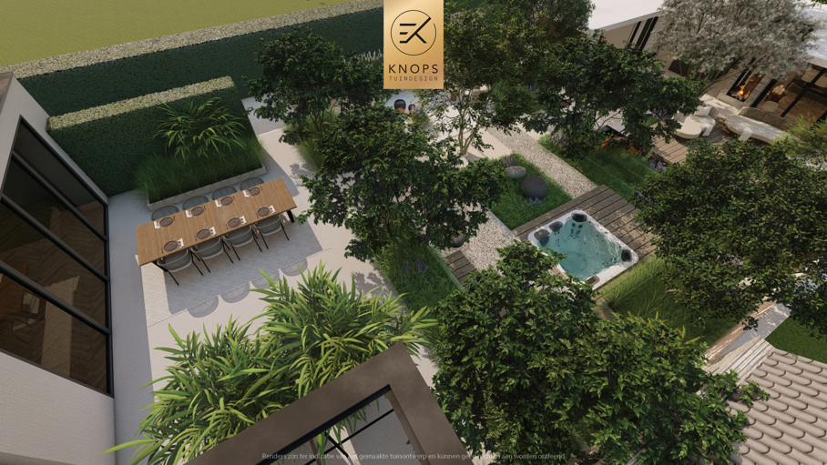 moderne tuin met veel groen, groene achtertuin, tuin met kantoor, bijgebouw, tuinachitectuur, gezellige tuin, jacuzzi, hoogteverschillen tuin