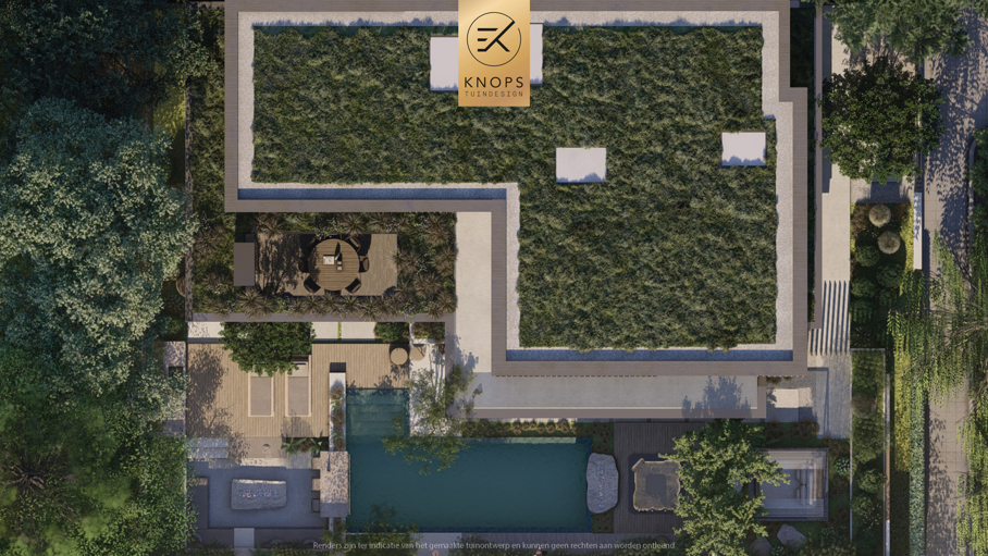 Unieke architectuur, tuin met zwembad, zwembad met waterval, zitkuil met vuur, bar aan het zwembad, groene tuin