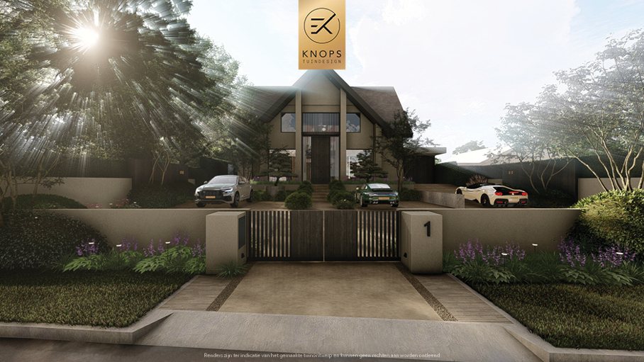 Unieke architectuur met hoogtes, tuin met hoogtes, oprit, zitkuil met vuur, infinity zwembad, jacuzzi, overkapping met buitenkeuken, meerstammige bomen, tuin aan de waterkant