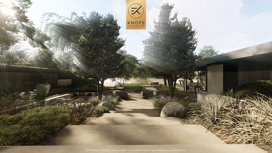 Unieke architectuur met hoogtes, tuin met hoogtes, oprit, zitkuil met vuur, infinity zwembad, jacuzzi, overkapping met buitenkeuken, meerstammige bomen, tuin aan de waterkant