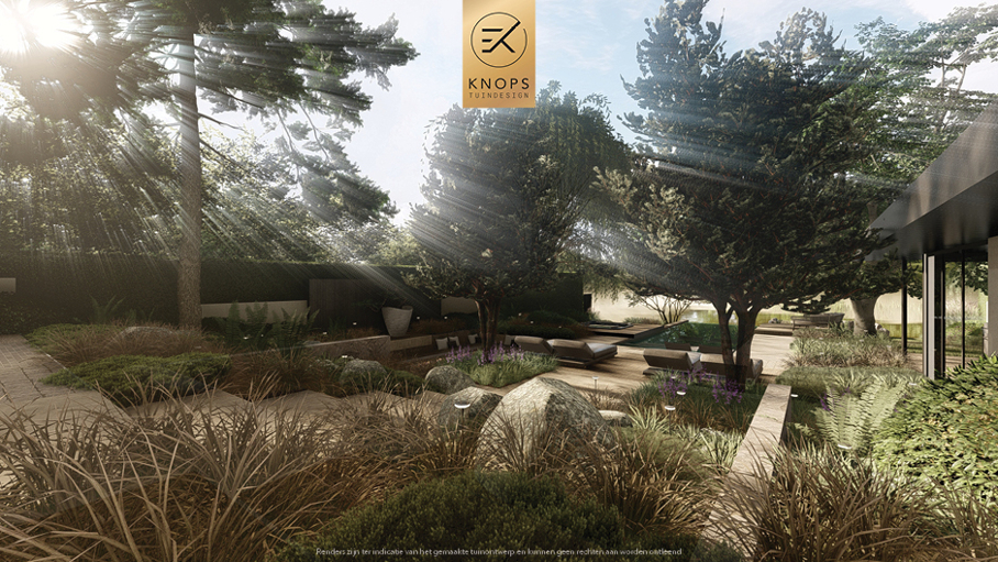 Unieke architectuur met hoogtes, tuin met hoogtes, oprit, zitkuil met vuur, infinity zwembad, jacuzzi, overkapping met buitenkeuken, meerstammige bomen, tuin aan de waterkant