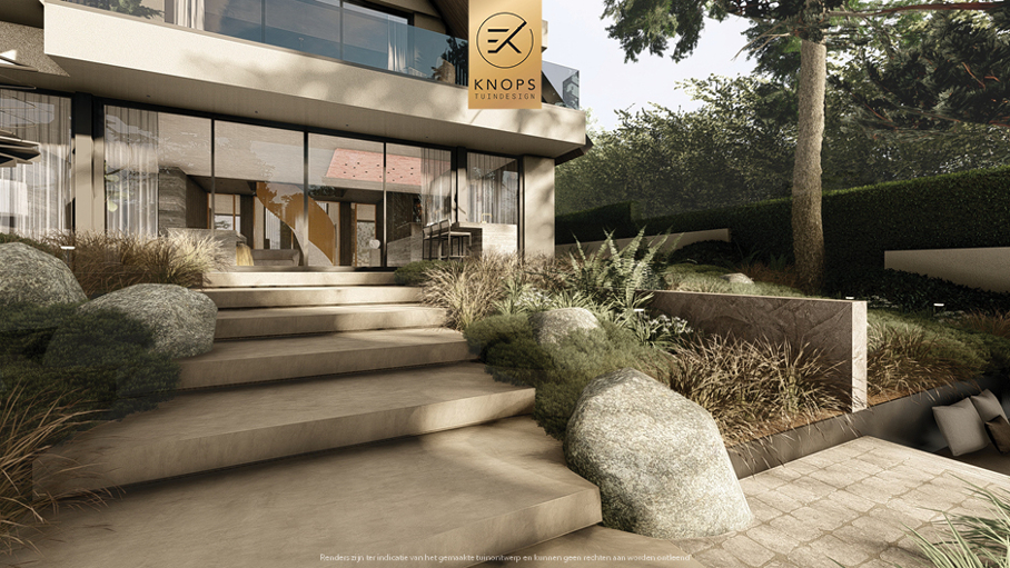 Unieke architectuur met hoogtes, tuin met hoogtes, oprit, zitkuil met vuur, infinity zwembad, jacuzzi, overkapping met buitenkeuken, meerstammige bomen, tuin aan de waterkant