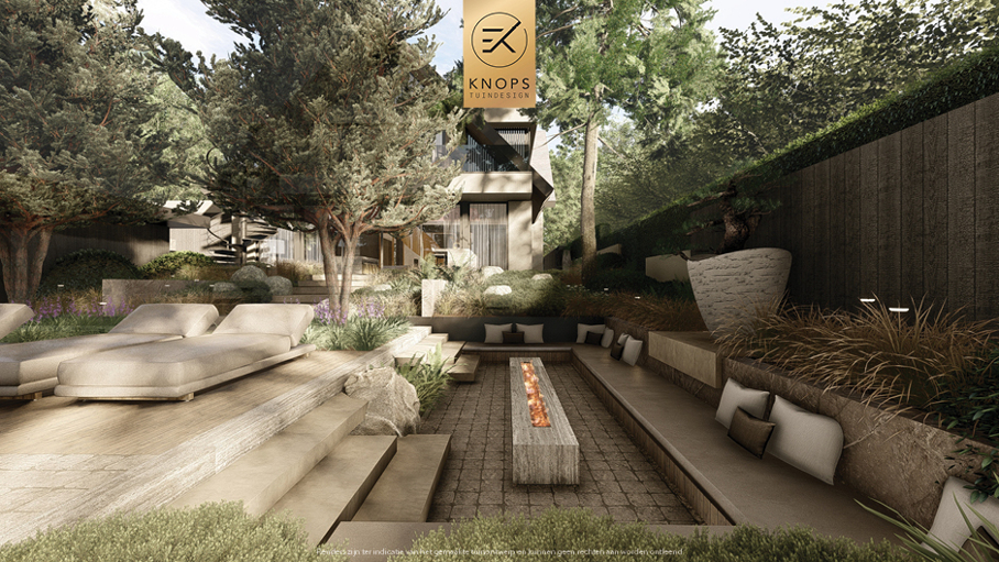 Unieke architectuur met hoogtes, tuin met hoogtes, oprit, zitkuil met vuur, infinity zwembad, jacuzzi, overkapping met buitenkeuken, meerstammige bomen, tuin aan de waterkant
