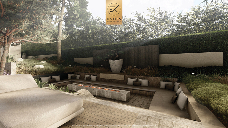 Unieke architectuur met hoogtes, tuin met hoogtes, oprit, zitkuil met vuur, infinity zwembad, jacuzzi, overkapping met buitenkeuken, meerstammige bomen, tuin aan de waterkant