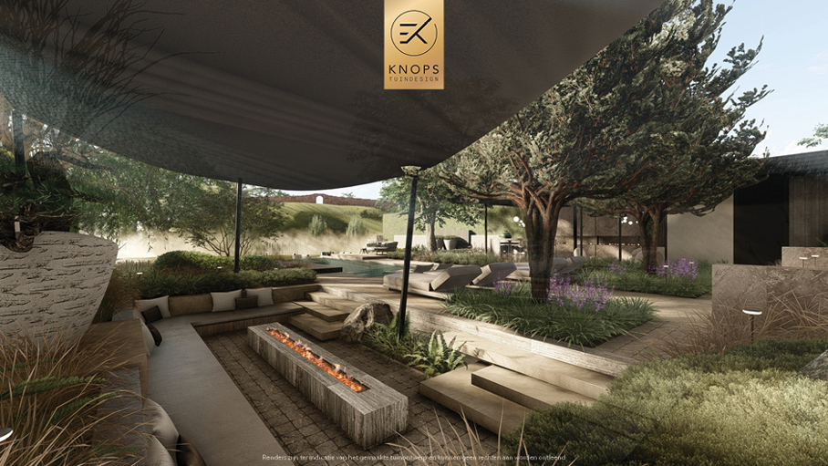 Unieke architectuur met hoogtes, tuin met hoogtes, oprit, zitkuil met vuur, infinity zwembad, jacuzzi, overkapping met buitenkeuken, meerstammige bomen, tuin aan de waterkant