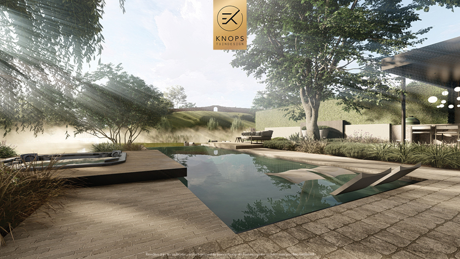 Unieke architectuur met hoogtes, tuin met hoogtes, oprit, zitkuil met vuur, infinity zwembad, jacuzzi, overkapping met buitenkeuken, meerstammige bomen, tuin aan de waterkant