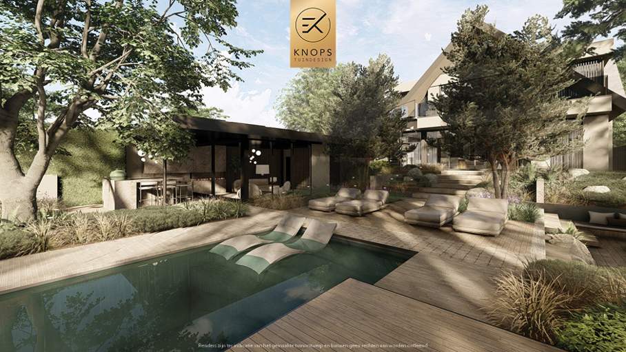 Unieke architectuur met hoogtes, tuin met hoogtes, oprit, zitkuil met vuur, infinity zwembad, jacuzzi, overkapping met buitenkeuken, meerstammige bomen, tuin aan de waterkant