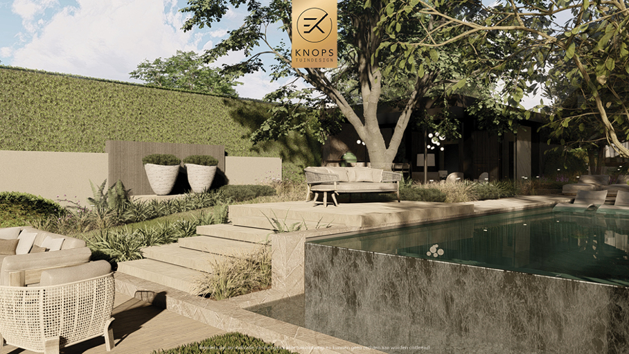 Unieke architectuur met hoogtes, tuin met hoogtes, oprit, zitkuil met vuur, infinity zwembad, jacuzzi, overkapping met buitenkeuken, meerstammige bomen, tuin aan de waterkant