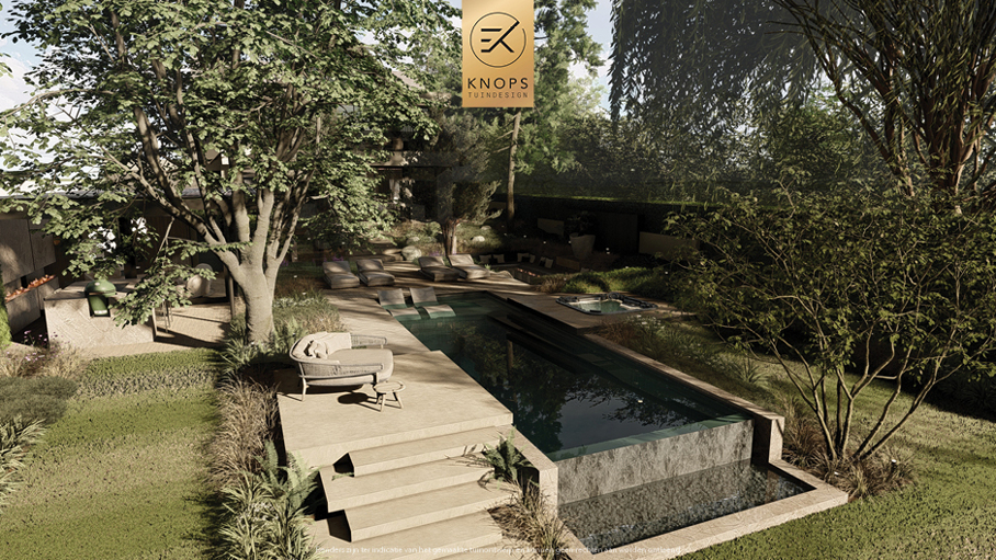 Unieke architectuur met hoogtes, tuin met hoogtes, oprit, zitkuil met vuur, infinity zwembad, jacuzzi, overkapping met buitenkeuken, meerstammige bomen, tuin aan de waterkant