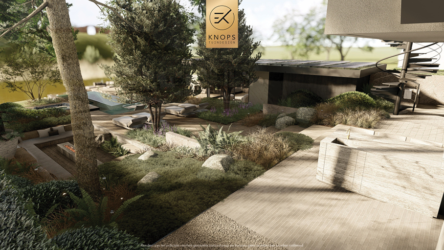 Unieke architectuur met hoogtes, tuin met hoogtes, oprit, zitkuil met vuur, infinity zwembad, jacuzzi, overkapping met buitenkeuken, meerstammige bomen, tuin aan de waterkant