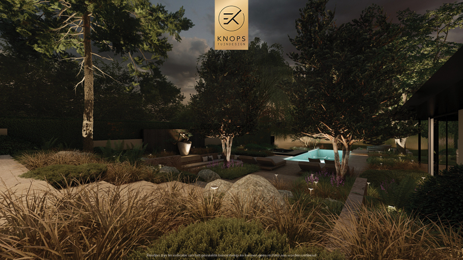 Unieke architectuur met hoogtes, tuin met hoogtes, oprit, zitkuil met vuur, infinity zwembad, jacuzzi, overkapping met buitenkeuken, meerstammige bomen, tuin aan de waterkant