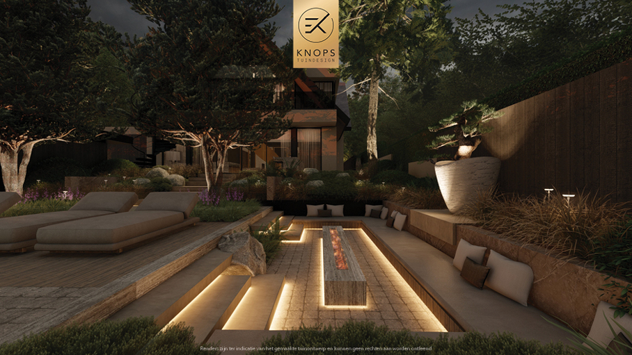 Unieke architectuur met hoogtes, tuin met hoogtes, oprit, zitkuil met vuur, infinity zwembad, jacuzzi, overkapping met buitenkeuken, meerstammige bomen, tuin aan de waterkant