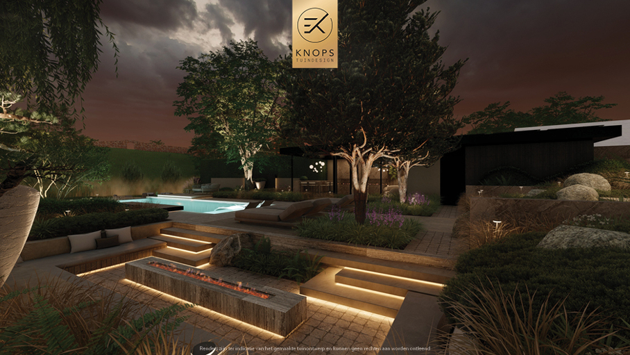 Unieke architectuur met hoogtes, tuin met hoogtes, oprit, zitkuil met vuur, infinity zwembad, jacuzzi, overkapping met buitenkeuken, meerstammige bomen, tuin aan de waterkant